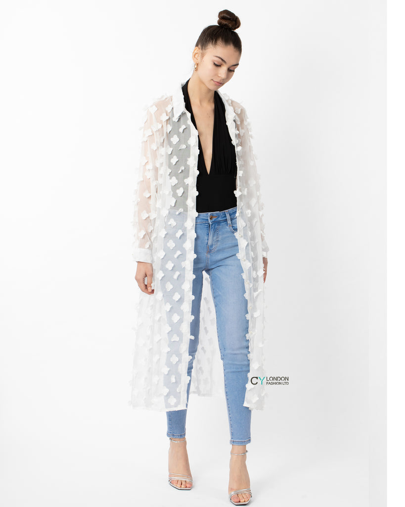 Oversized long shirt dress with floral embellished design in white