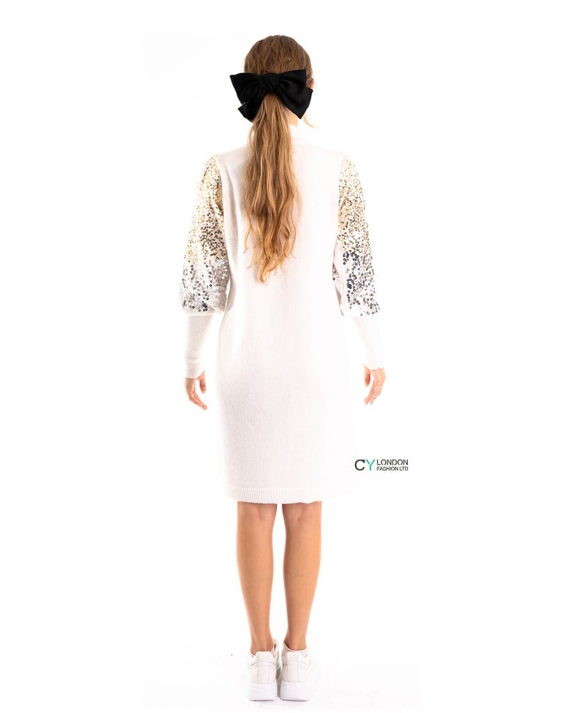Gold and Sliver Sequin embellished sleeves design jumper dress in white
