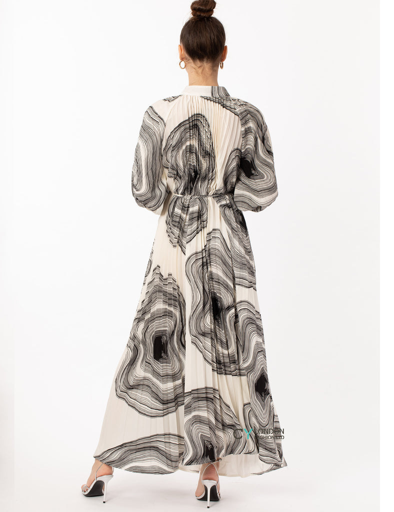 White Textured scarf print pleated long shirt dress