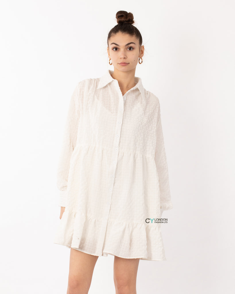 White color Oversized shirt dress in pop pattern fabric in ruffle hem design
