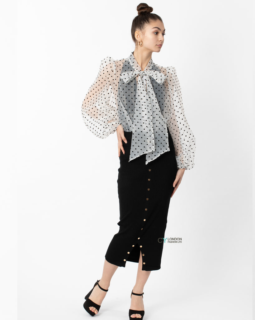 White color Oversized Organza shirt in polka dot print with bow design