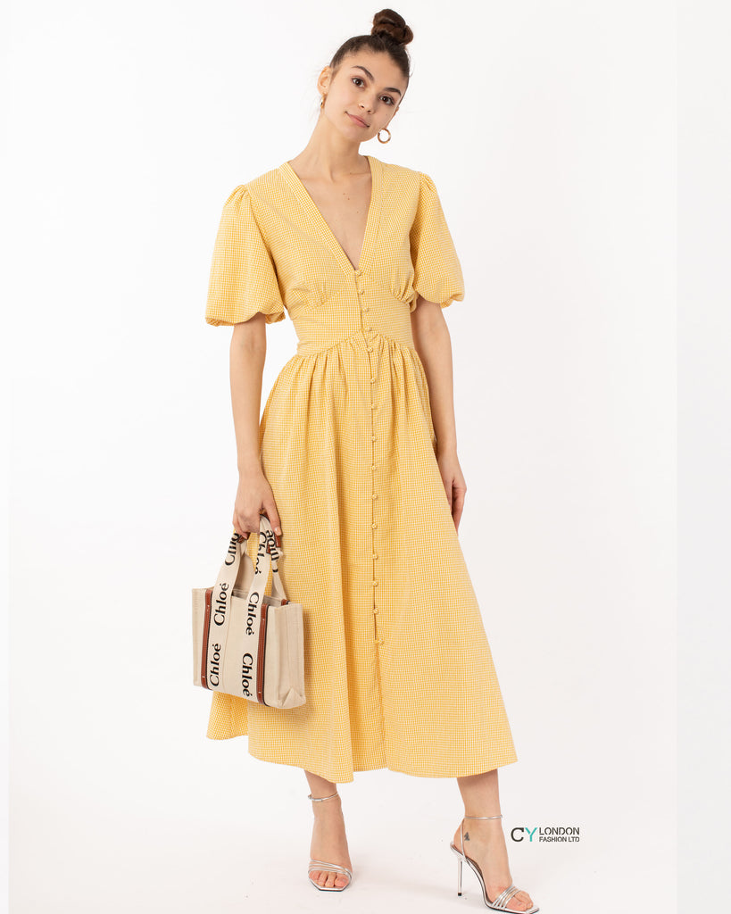 Check print Cotton Blend Puff sleeves midi dress in yellow
