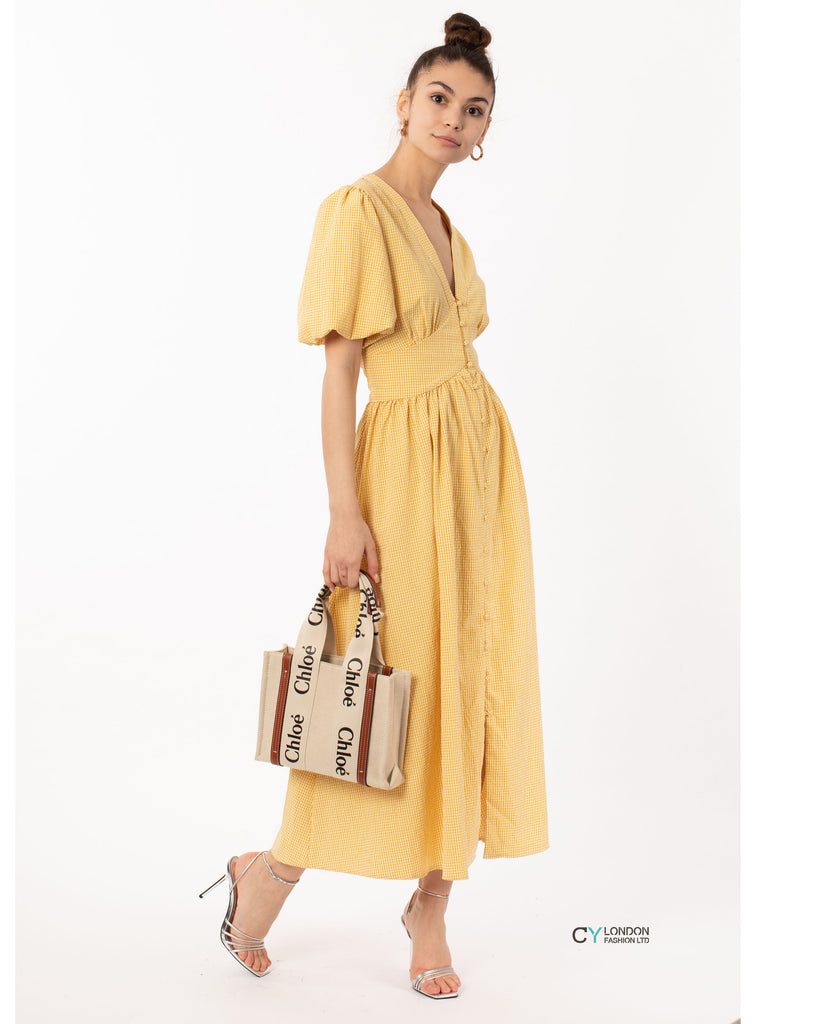 Check print Cotton Blend Puff sleeves midi dress in yellow