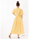 Check print Cotton Blend Puff sleeves midi dress in yellow