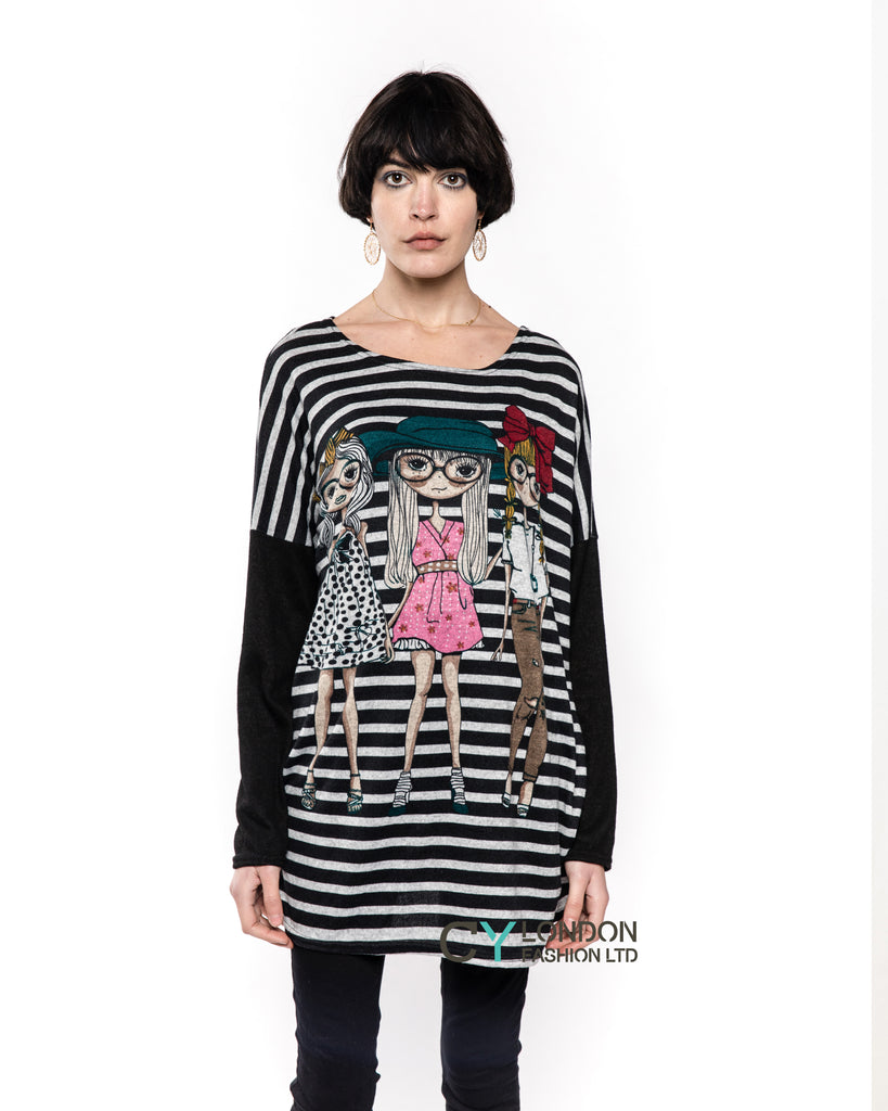 Pretty Girls & Striped Print Batwing Knitted Jumper