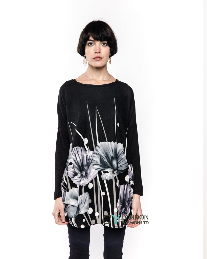 Black Floral Print Knitted Jumper Top