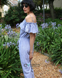 Blue Stripe Cotton Blend Jumpsuits