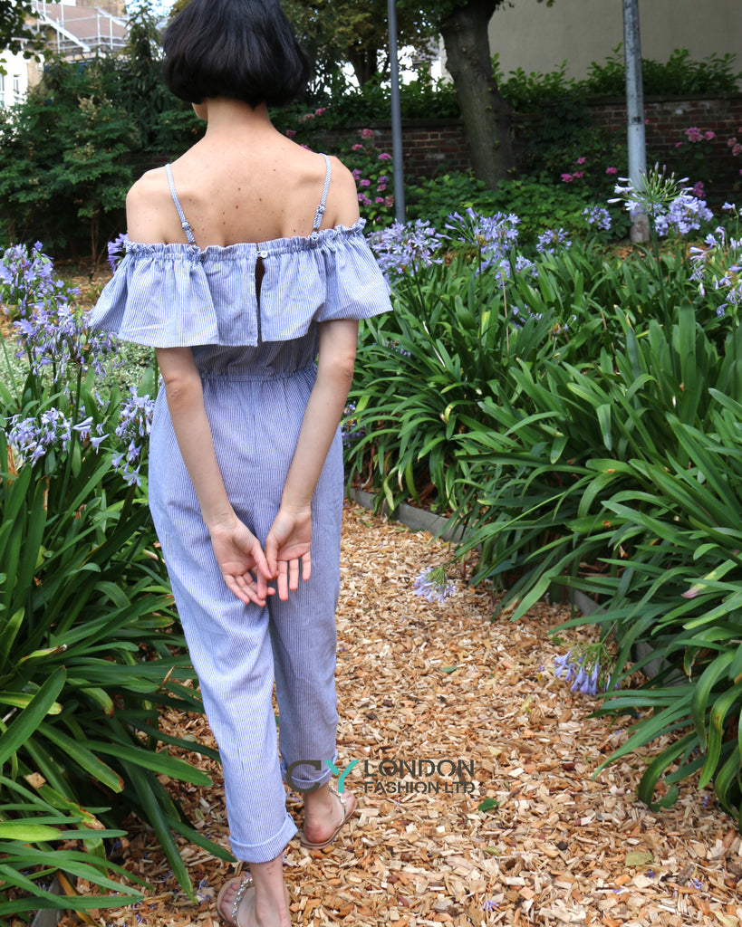 Blue Stripe Cotton Blend Jumpsuits