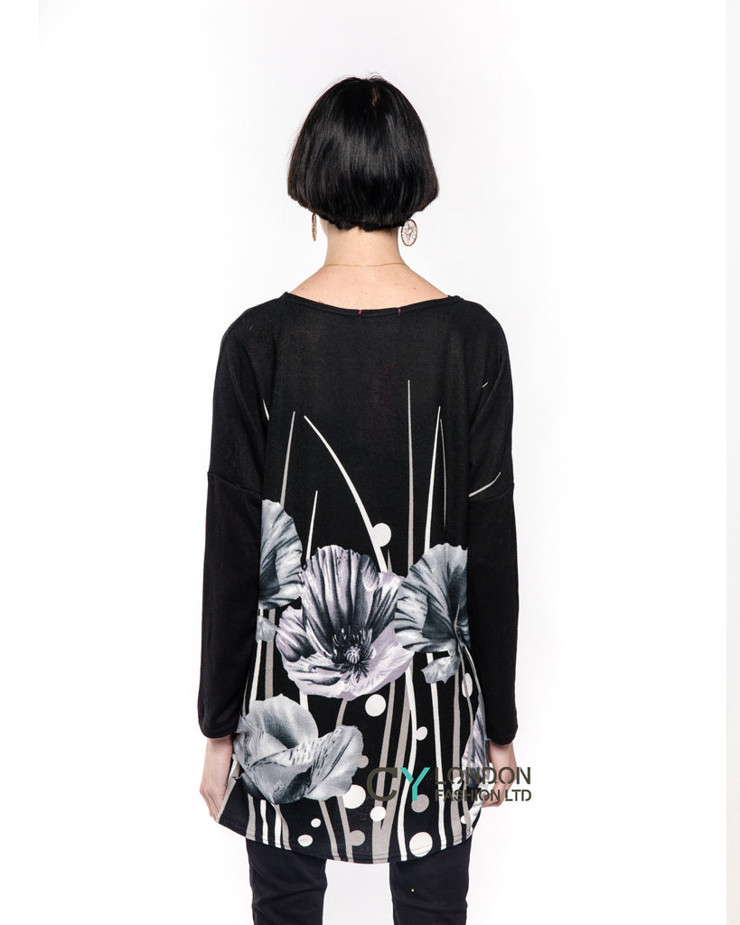 Black Floral Print Knitted Jumper Top