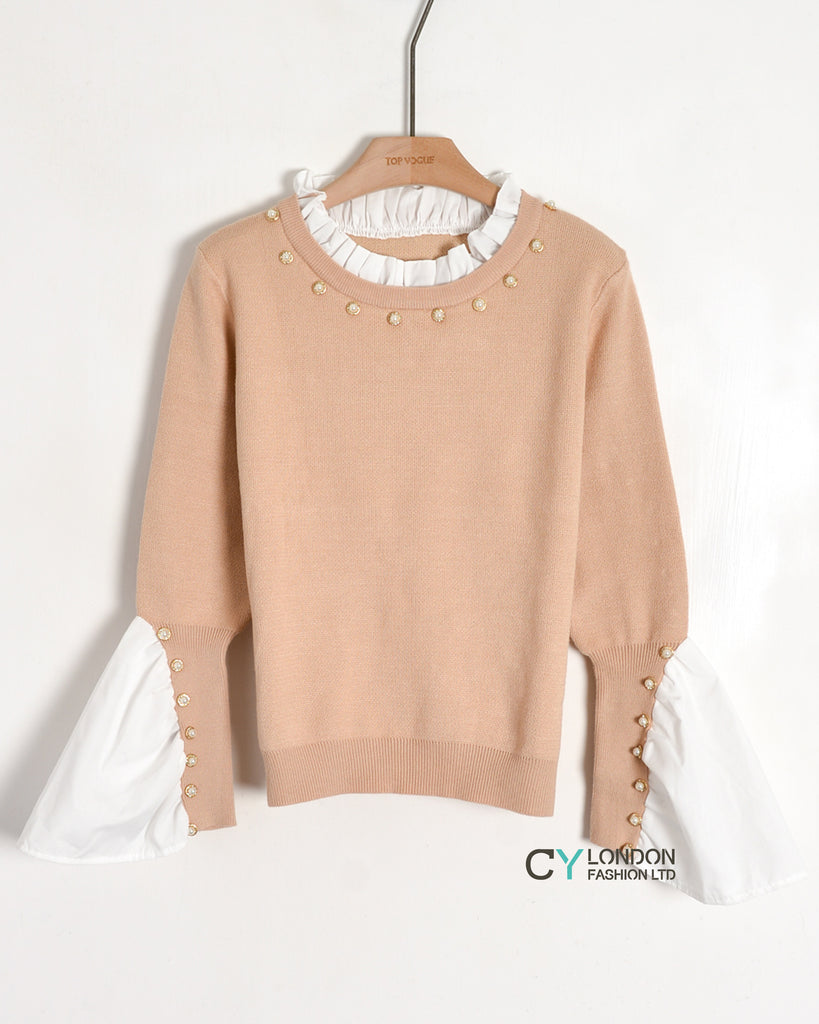 Ruffle Shirt sleeves with pearl embellished jumper in PINK
