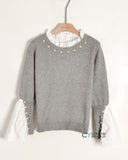 Ruffle Shirt sleeves with pearl embellished jumper in grey
