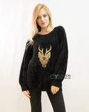 Reindeer patch embroidered fluffy jumper (Black)