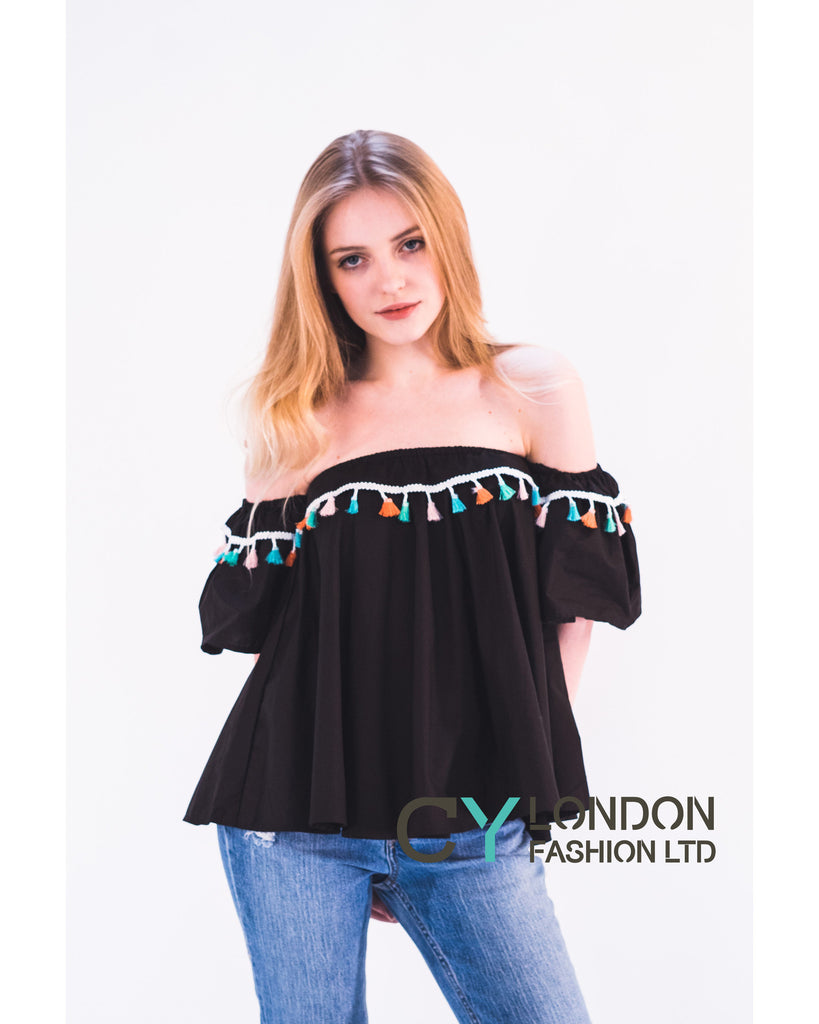 Off shoulder multicolor tasseled trim top (WHITE)