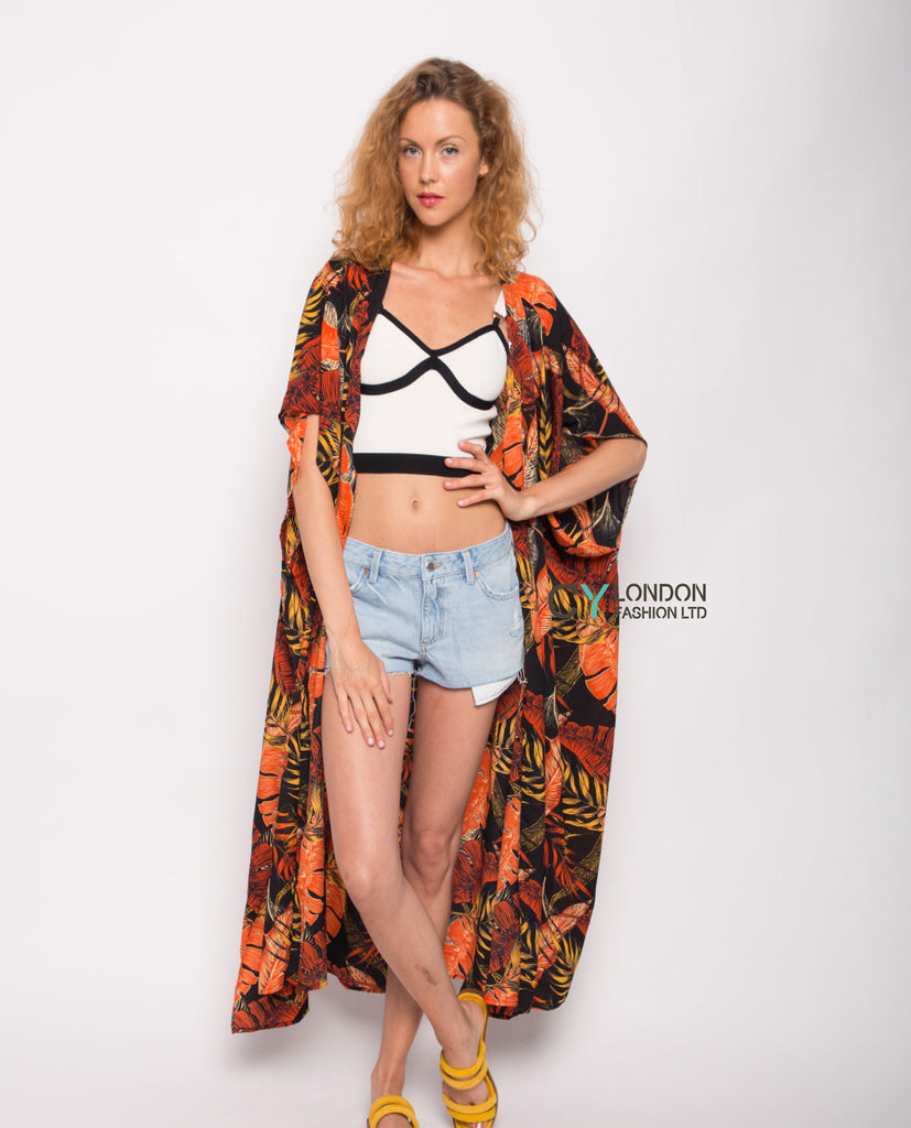 Multi leaves print kaftan cardigan