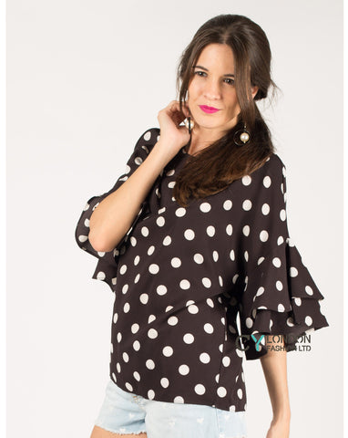 Dot Dot Print Frilled sleeves Top