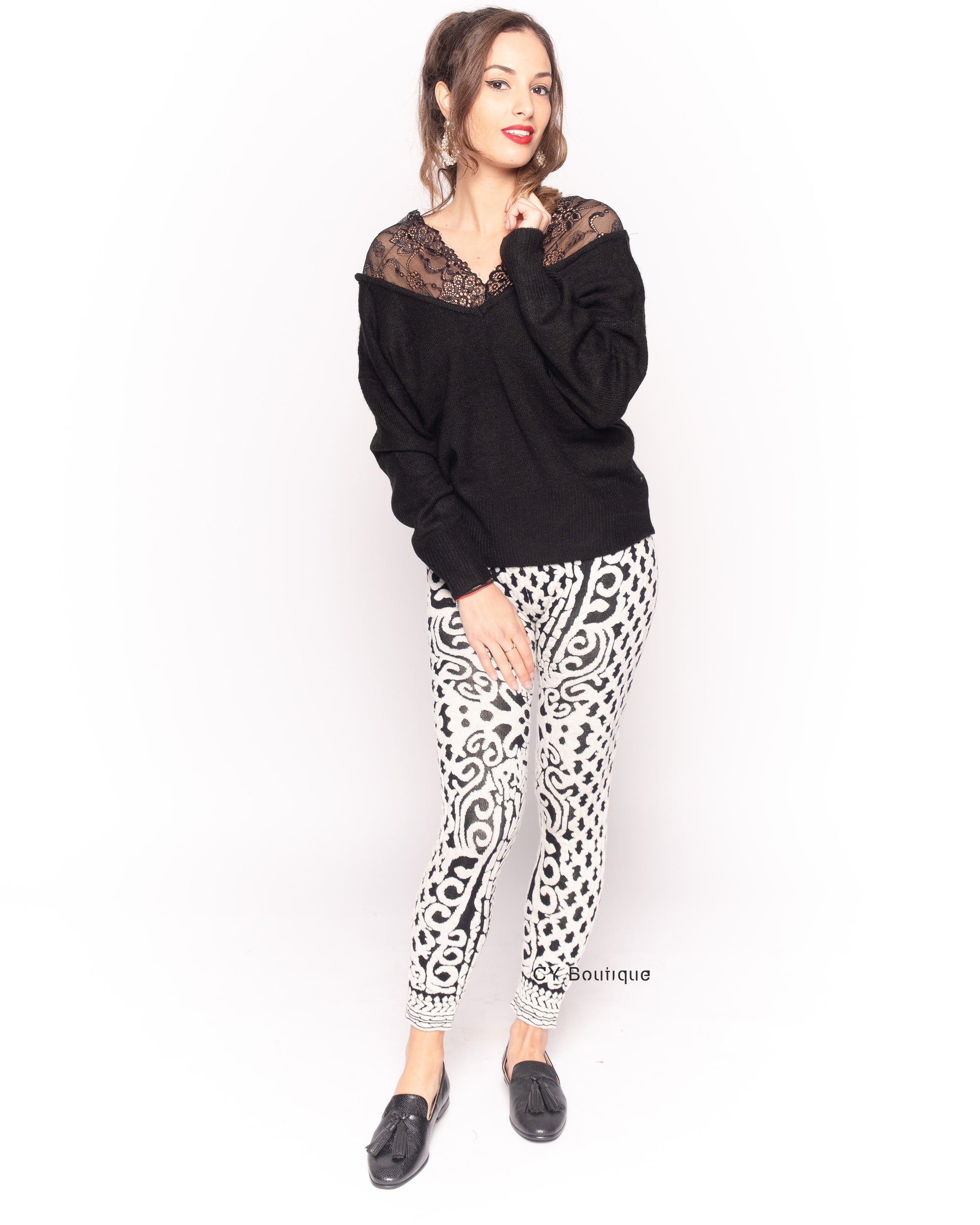 Knitted black white baroque print leggings