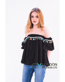 Off shoulder multicolor tasseled trim top (WHITE)