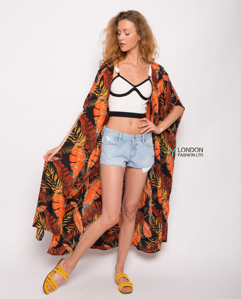 Multi leaves print kaftan cardigan