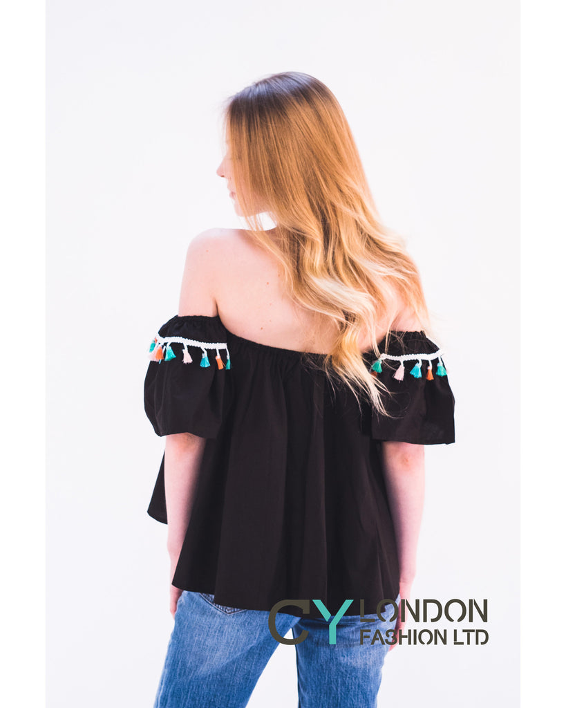 Off shoulder multicolor tasseled trim top (BLACK)