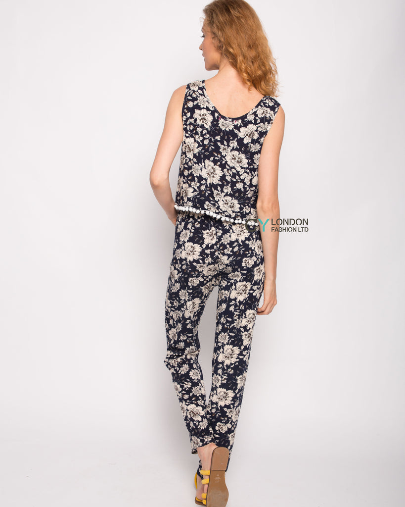 Floral print tassel top and trousers suits