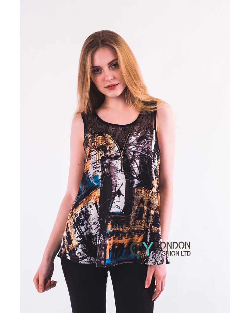 Vintage House Print Chiffon Vest Top (Brown)