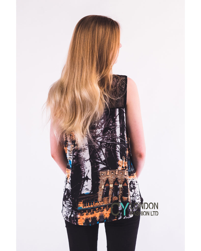 Vintage House Print Chiffon Vest Top (Brown)