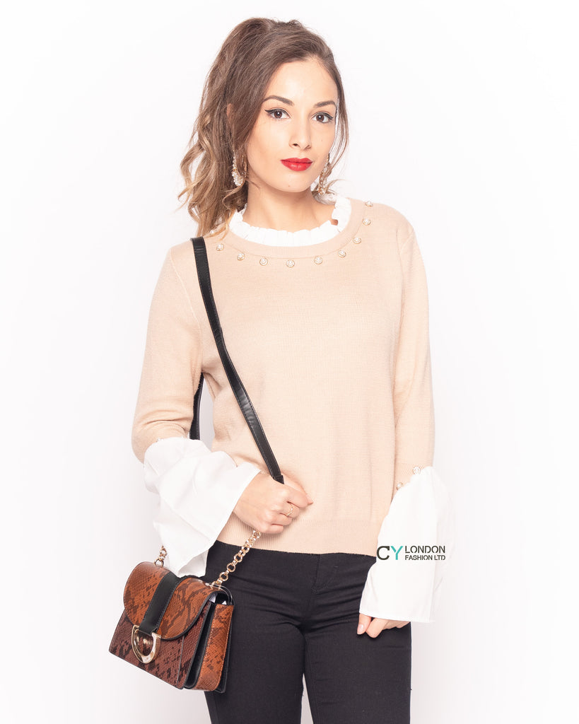 Ruffle Shirt sleeves with pearl embellished jumper in PINK