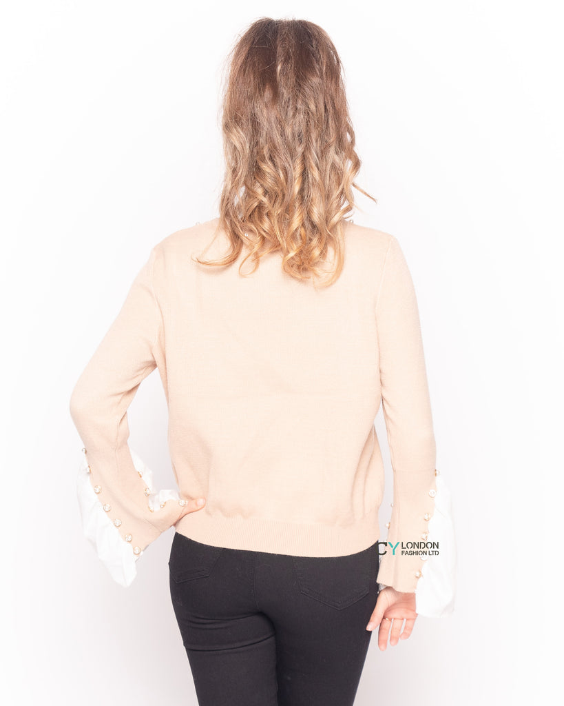 Ruffle Shirt sleeves with pearl embellished jumper in PINK