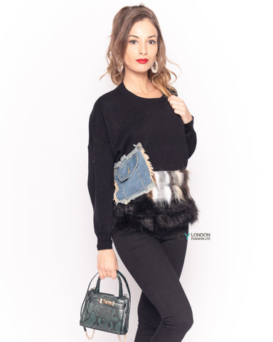 Multi color faux fur hem with denim pockets design jumper