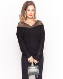 Lace shoulder soft knit jumper top in black