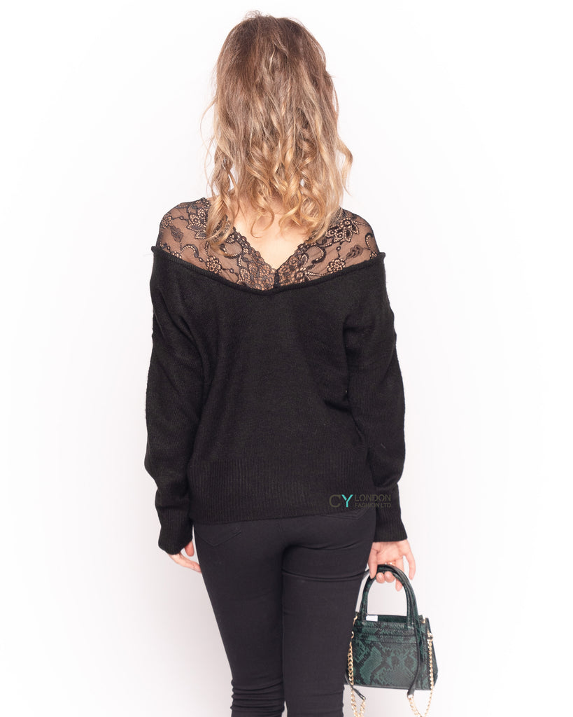 Lace shoulder soft knit jumper top in black