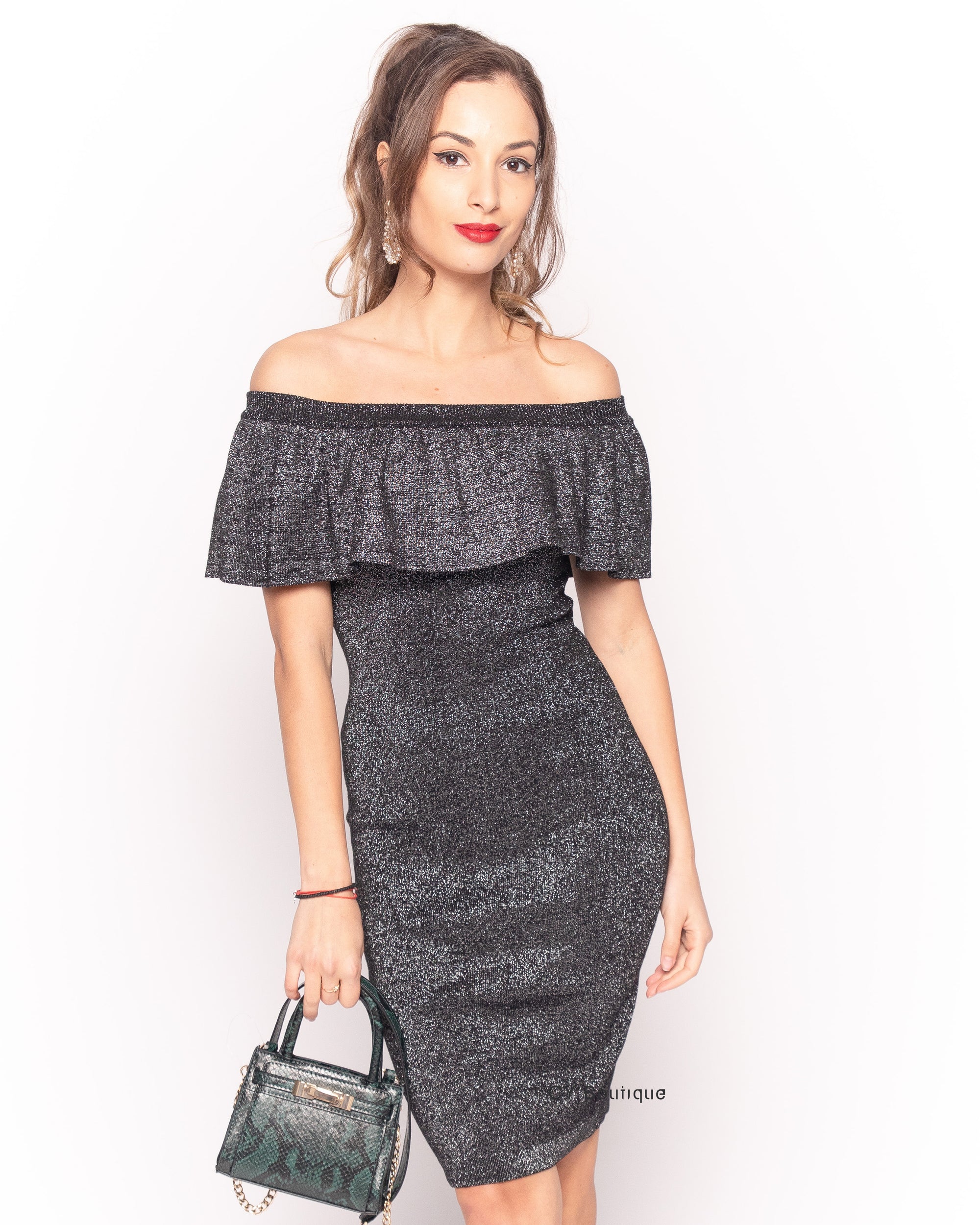 Metallic Frill Bardot Bandage Dress