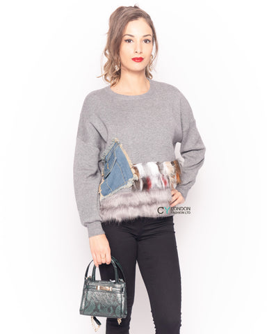 Multi color faux fur hem with denim pockets design jumper