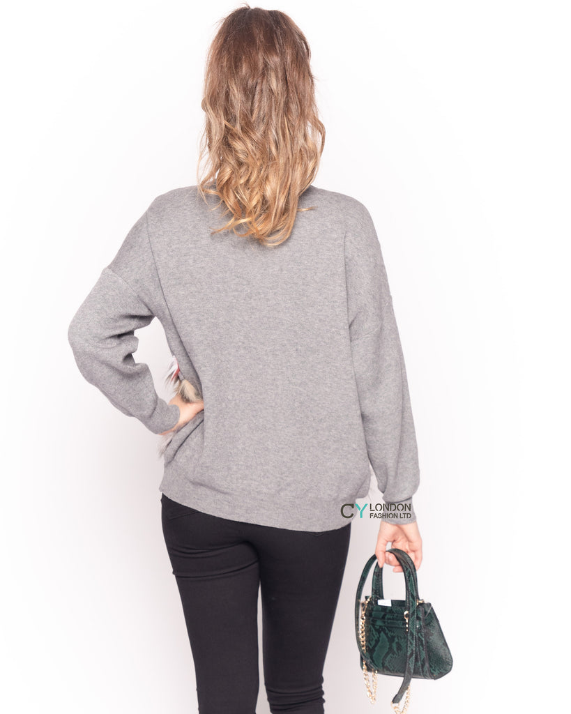 Multi color faux fur hem with denim pockets design jumper