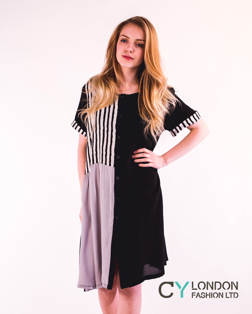 Stripe Print Cotton Dress (Black)