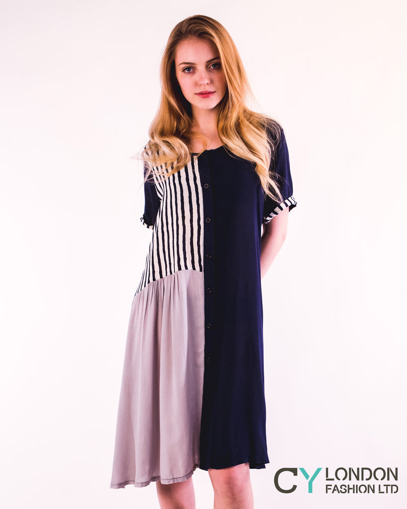 Stripe Print Cotton Dress (Black)