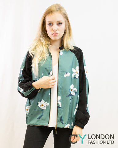 Floral Print Bomber Jacket (Green floral)