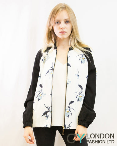 Floral print winter quilted Bomber Jacket (White)