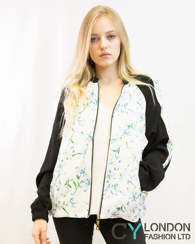 Floral Print Bomber Jacket (White green floral)