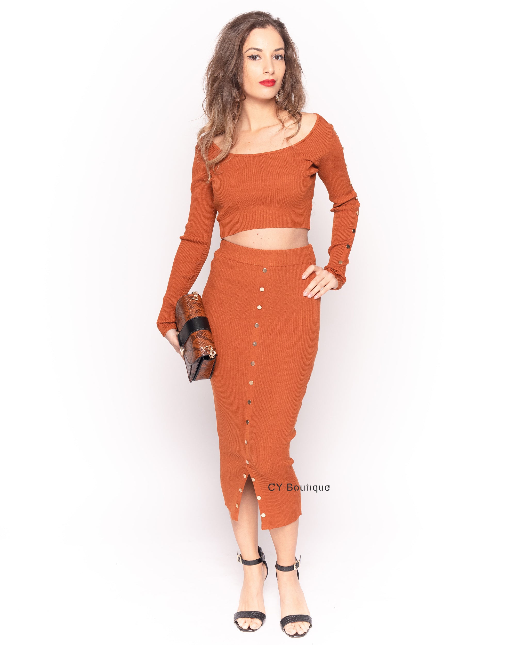 Fine knit crop top and midi skirt co-ords suits