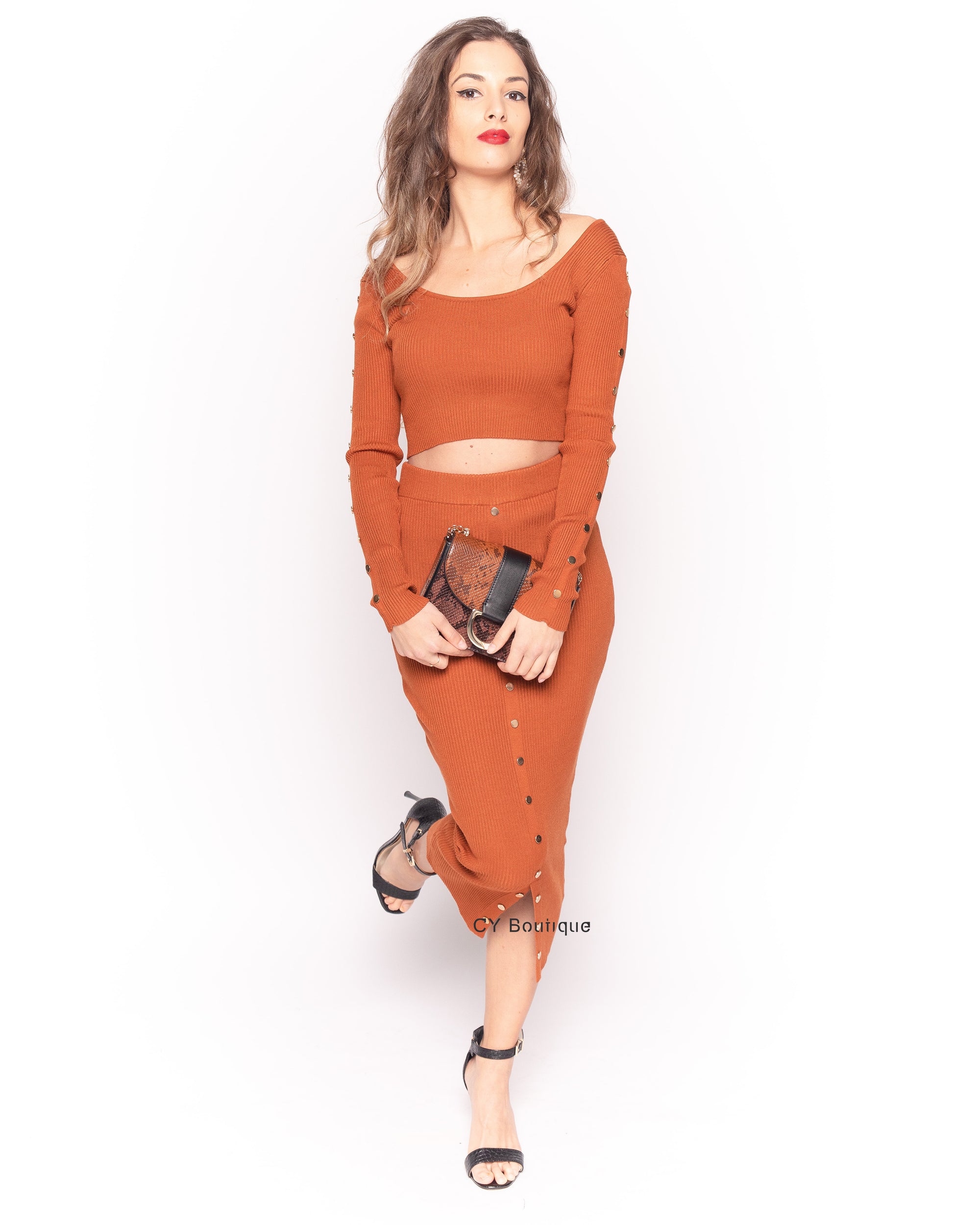 Fine knit crop top and midi skirt co-ords suits