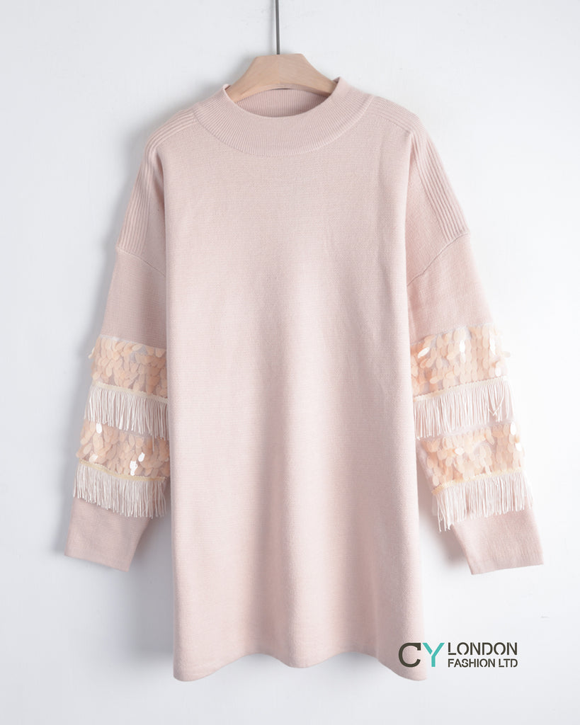 Fringed and sequin embellished sleeves Jumper