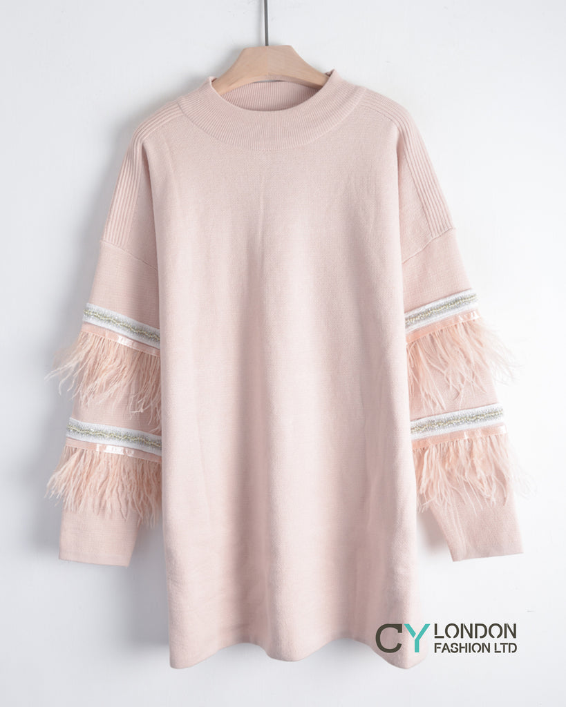 feather and sequin embellished sleeves jumper
