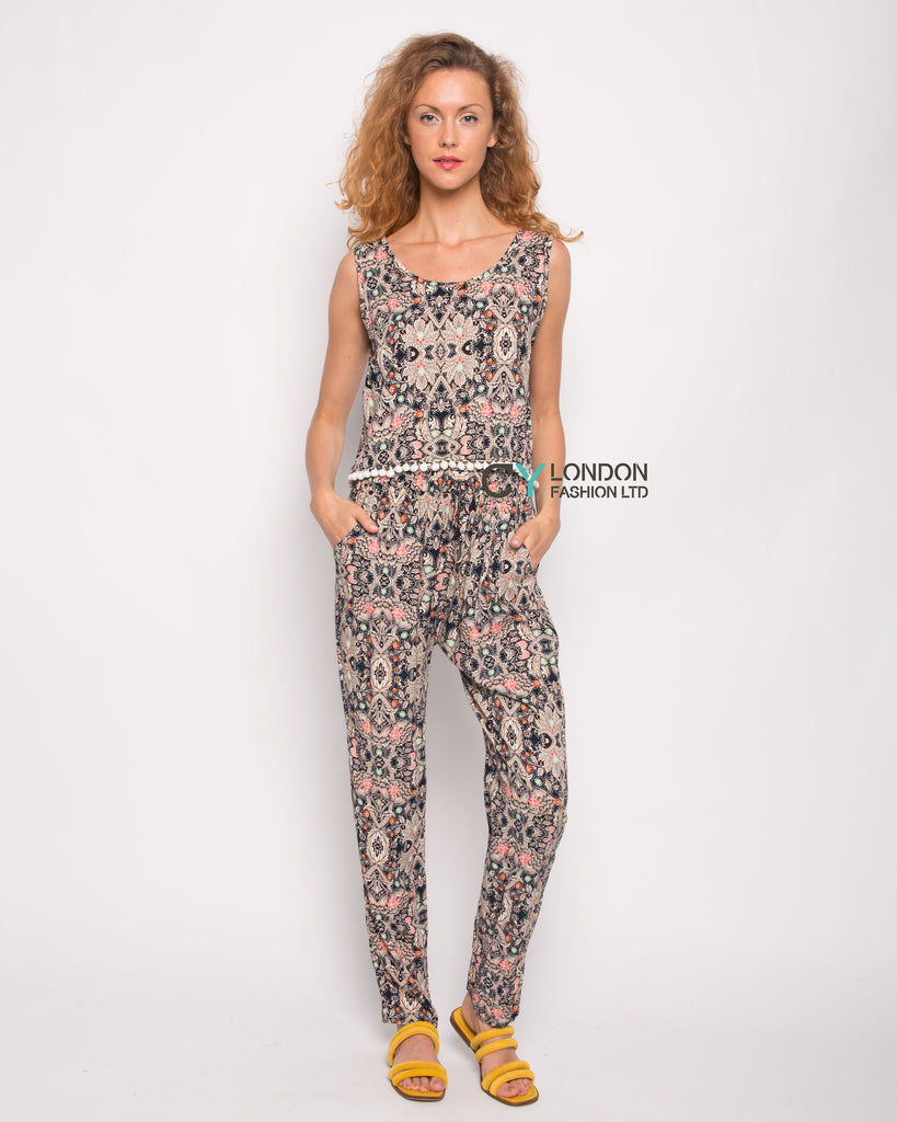 Monochrome print cotton tassel top and trousers suits