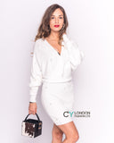 Pearl embellished knitted ribbed wrap bodycon dress