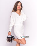 Pearl embellished knitted ribbed wrap bodycon dress