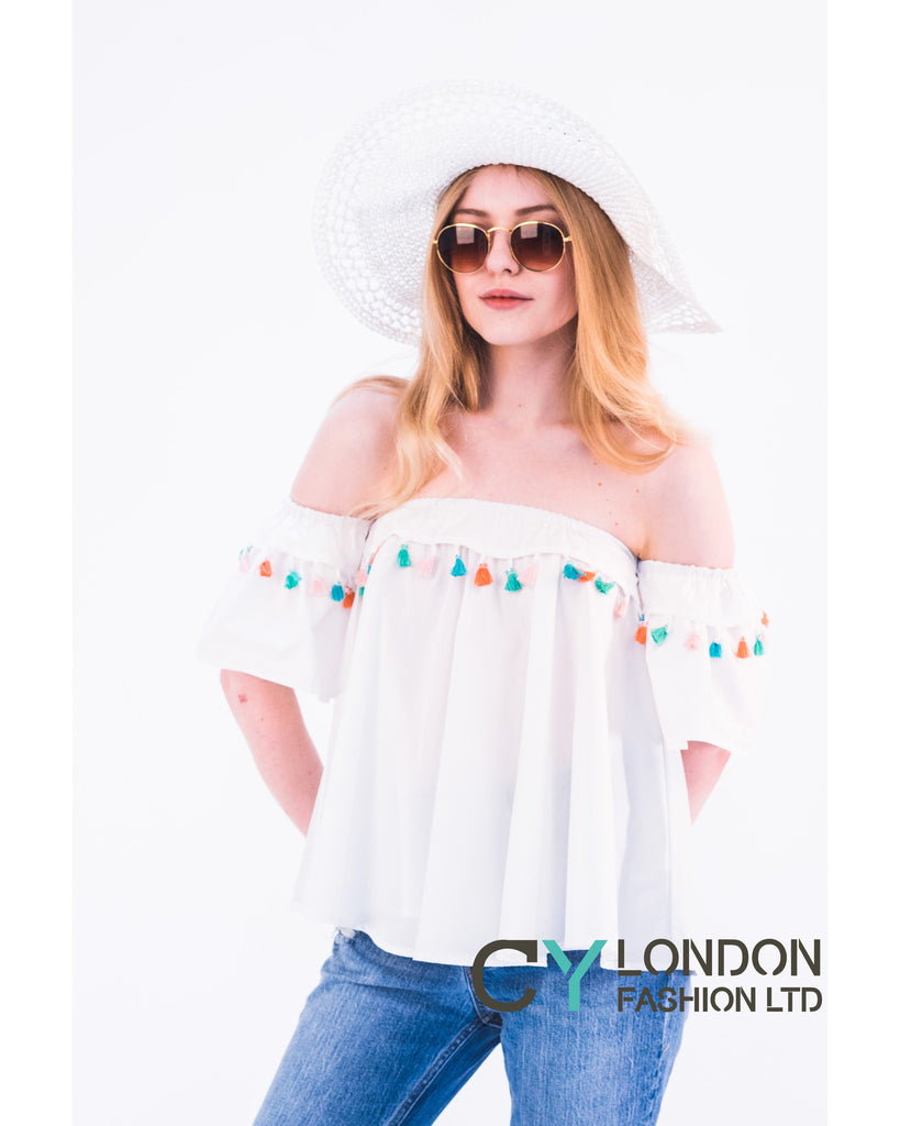 Off shoulder multicolor tasseled trim top (WHITE)