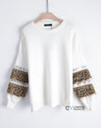 Leopard look faux fur embellished sleeves jumper