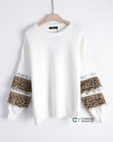 Leopard look faux fur embellished sleeves jumper