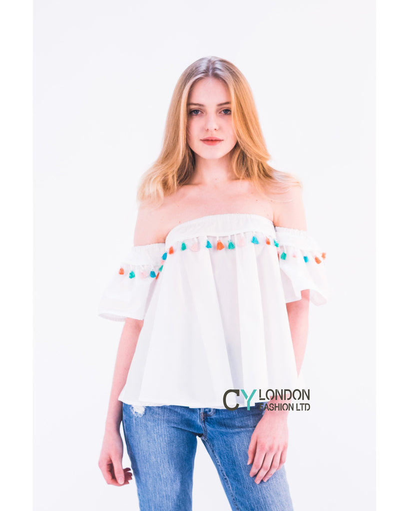 Off shoulder multicolor tasseled trim top (BLACK)